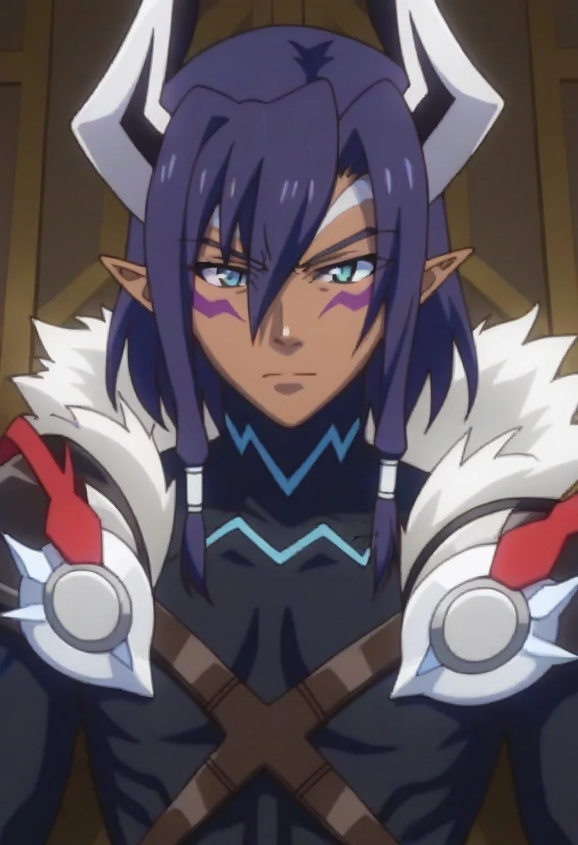 ((masterpiece)), ((best quality)), ((ultra-detailed)), ((absurdres)), score_9_up, score_8_up, score_7_up,
HD, top quality, best quality, amazing quality, High-quality illustrations, anime screencap, source_anime, best aesthetic, perfect proportions, perfect eyes, 1boy, 1male, solo boy, solo male, male focus, solo male focus, Anime, boy, male anime character, anime boy, handsome, attractive, cute, charming, sexy, hot, easynegative, Expressiveh, neghands, updn, Leohart, purple hair, blue eyes, long pointed ears, dark skin, horns, skintight black bodysuit, white fur hood, ((face only shot, face focus))