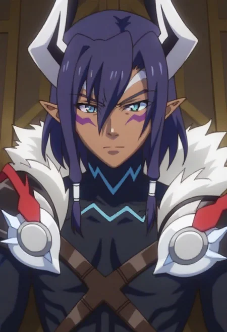((masterpiece)), ((best quality)), ((ultra-detailed)), ((absurdres)), score_9_up, score_8_up, score_7_up,
HD, top quality, best quality, amazing quality, High-quality illustrations, anime screencap, source_anime, best aesthetic, perfect proportions, perfect eyes, 1boy, 1male, solo boy, solo male, male focus, solo male focus, Anime, boy, male anime character, anime boy, handsome, attractive, cute, charming, sexy, hot, easynegative, Expressiveh, neghands, updn, Leohart, purple hair, blue eyes, long pointed ears, dark skin, horns, skintight black bodysuit, white fur hood, ((face only shot, face focus))