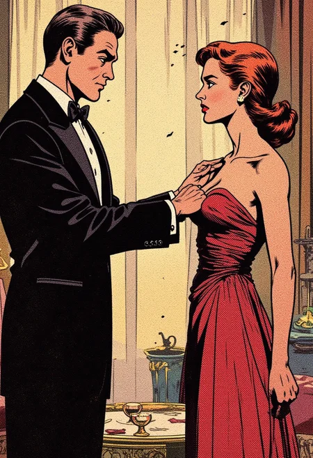 intricated details, (funny: 1.2), a man is touching a woman's boobs with one hand, and the woman is super annoyed about it. The man wears a tuxedo and the woman wears a long dress.