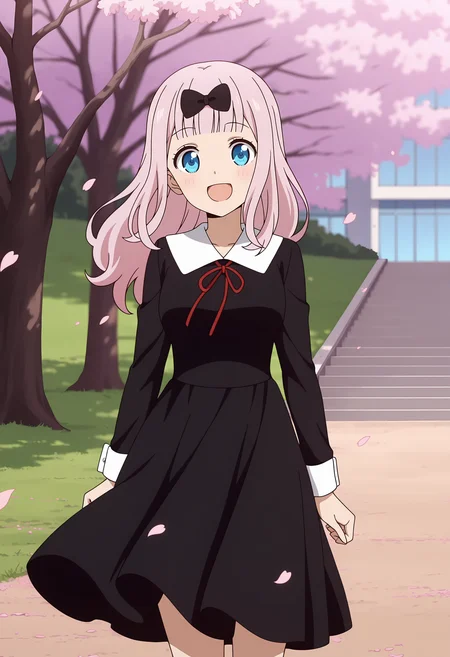 anime screencap, masterpiece, best quality,
<lora:Kaguya-samaWaKokurasetai_FujiwaraChika_IlluXL:0.9>,
1girl, solo, open mouth, smile, blush,
blunt bangs, long hair, pink hair, blue eyes, hair bow, black bow,
white collar, neck ribbon, red ribbon, medium dress, black dress, long sleeves,
floating clothes, wind,
arms at sides, standing, looking at viewer, cowboy shot,
cherry blossoms, falling petals, grass, tree, school, stairs, outdoors, photo background, blurry background
