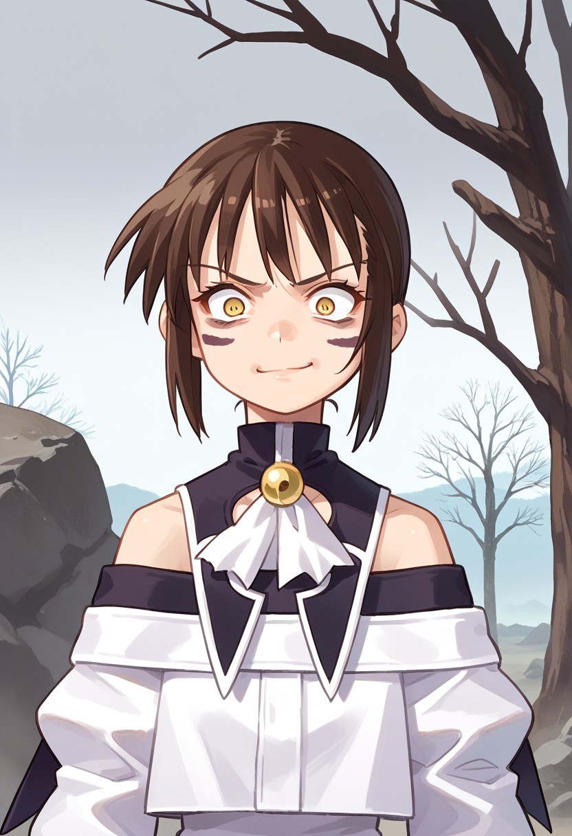 score_8, score_8_up, score_7_up, source_anime, anime screenshot,  1girl, female focus, solo, Natsumi_SN1, Facial Mark, gray skin, pale skin, constricted pupils, yellow eyes, brown hair, short hair, bangs, sidelocks, short hair with long locks, capelet, neck bell, ascot, off-shoulder shirt, bare shoulders, juliet sleeves, long sleeves,  upper body, looking at viewer, smug, outdoors, bare tree, rock, grey ground, grey dirt, wasteland
