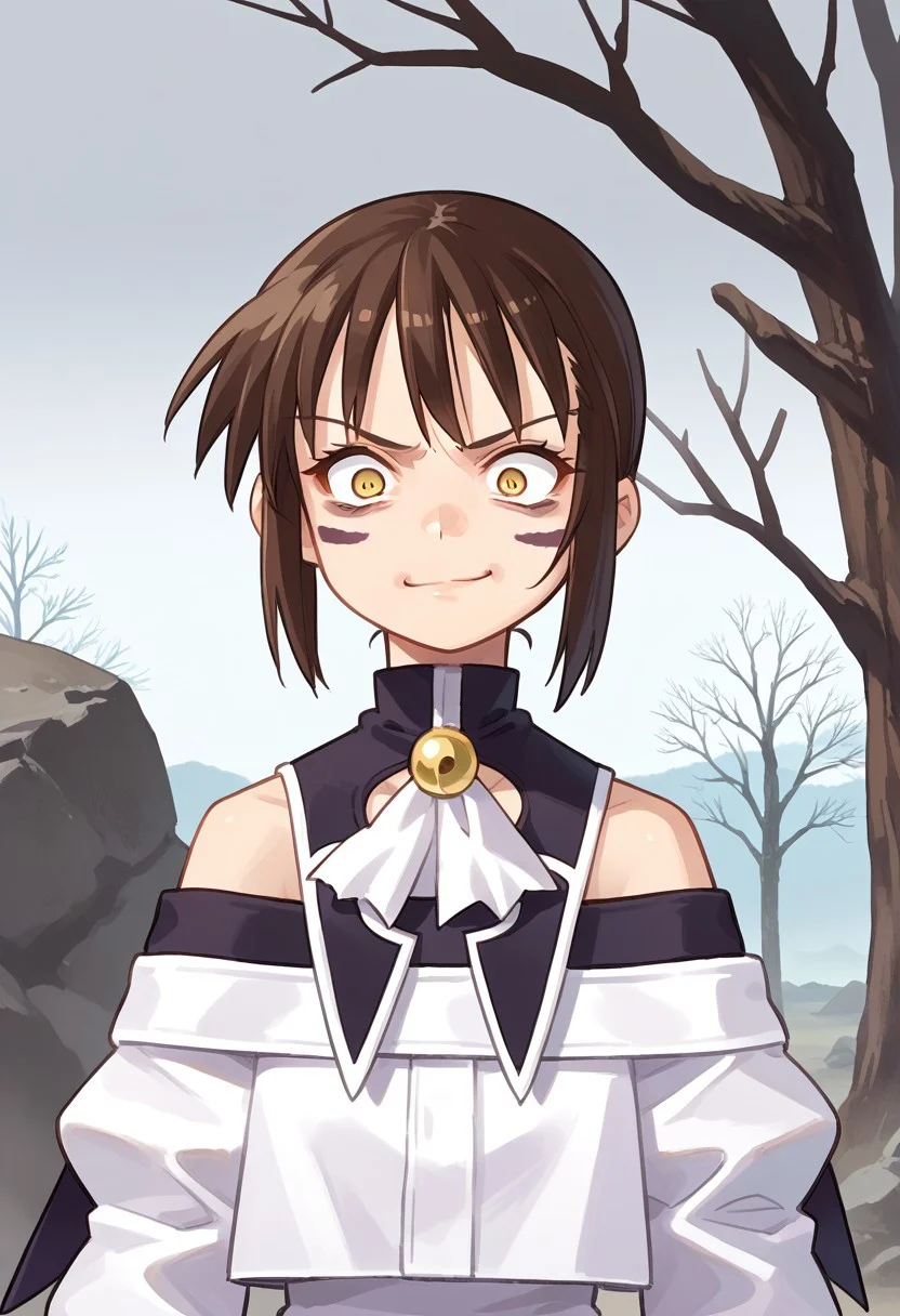 score_8, score_8_up, score_7_up, source_anime, anime screenshot, 1girl, female focus, solo, Natsumi_SN1, Facial Mark, gray skin, pale skin, constricted pupils, yellow eyes, brown hair, short hair, bangs, sidelocks, short hair with long locks, capelet, neck bell, ascot, off-shoulder shirt, bare shoulders, juliet sleeves, long sleeves, upper body, looking at viewer, smug, outdoors, bare tree, rock, grey ground, grey dirt, wasteland