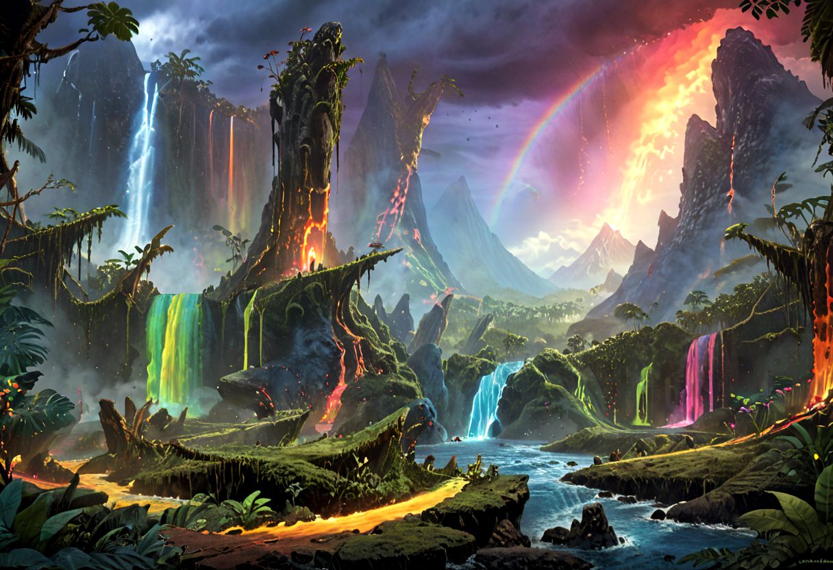 (Split terrain in left and right side. The right side is a lava land with an exploding volcano in the background. The left side is a jungle and water.)
(Jungle full of giant, overgrown trees and many large (glowing mushrooms) in different bright contained color. Blue mushroom. Green mushroom. Pink mushroom. Yellow mushroom.)
(A path leads through the Jungle and is covered in golden cracks)
masterpiece, best quality, ultra detailed, professional light, cinematic lighting, ambient lighting, atmospheric effects, photorealistic, epic landscape, high fantasy, waterfall, mountains, cliff, one bridge, clouds, (jungle), volcano in background, rainbow.