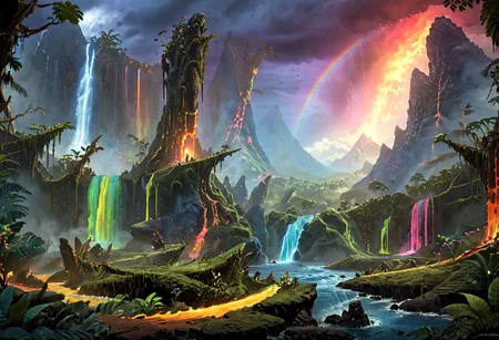 (Split terrain in left and right side. The right side is a lava land with an exploding volcano in the background. The left side is a jungle and water.)
(Jungle full of giant, overgrown trees and many large (glowing mushrooms) in different bright contained color. Blue mushroom. Green mushroom. Pink mushroom. Yellow mushroom.)
(A path leads through the Jungle and is covered in golden cracks)
masterpiece, best quality, ultra detailed, professional light, cinematic lighting, ambient lighting, atmospheric effects, photorealistic, epic landscape, high fantasy, waterfall, mountains, cliff, one bridge, clouds, (jungle), volcano in background, rainbow.