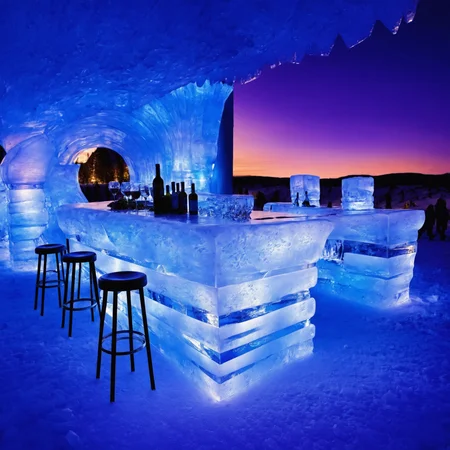skybar,<lora:20240705-1720127504546:0.6>,(wine cabinet:1.2),(bar counter:1.2),(wine bottle:1.2),(wine glass:1.1),- Features: Decor entirely made of ice sculptures,including ice tables and chairs,ice glasses,and the bar counter,along with various art pieces crafted by ice sculptors.,
- Atmosphere: Cold and crisp,with the interior at a very low temperature,patrons wear warm down jackets,and the surroundings are filled with the reflective light of ice crystals,creating a dreamlike feeling.,
- Style: A combination of minimalism and naturalism,highlighting the transparency and purity of the ice,as well as the delicacy and artistry of the ice sculptures.,
- Background: The bar may be located next to a naturally frozen lake or river,or within a purpose-built ice palace,surrounded by winter snowscapes.,
- Lighting: Cold-toned LED lights are used to mimic moonlight and starlight,illuminating the details of the ice sculptures while maintaining the overall cold ambiance.,