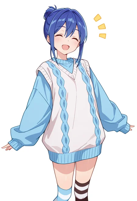 masterpiece,high quality details,absurdres,
<lora:Mamiya_Kanoko:0.8>
kanoko_cnr, 1girl, blue hair,hair between eyes, sidelocks, single hair bun,, simple background, white background, front view,solo,, ^o^,, vest,oversized sweater ,thighhighs, ,mismatched legwear kneehighs,