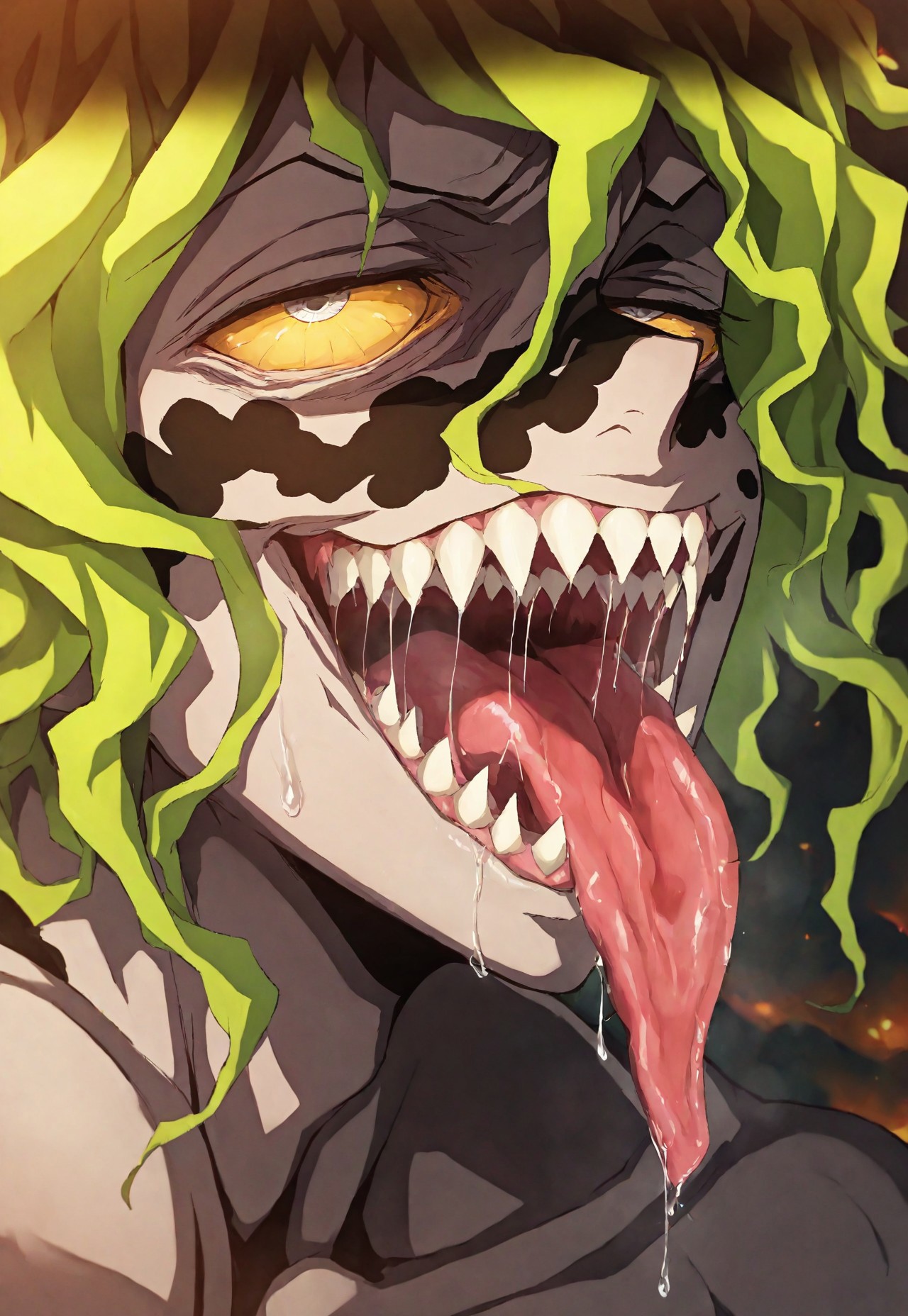 masterpiece, best quality, amazing quality, very aesthetic, absurdres, newest, detailed background, 1boy, solo, gyutaro, 1boy, solo, green hair, yellow sclera, colored sclera, sharp teeth, mouth open, tongue out, saliva, white eyes, close-up