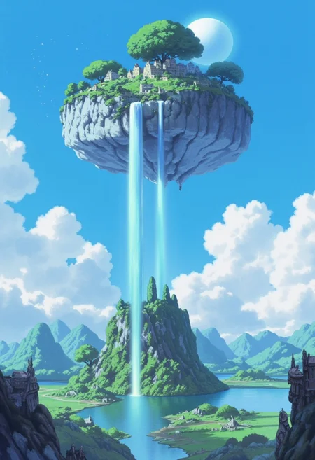 Ghiblistyle fantasy oil painting of a lush alien world, there is a large island floating in the sky.  There is a majestic waterfall coming from the floating island