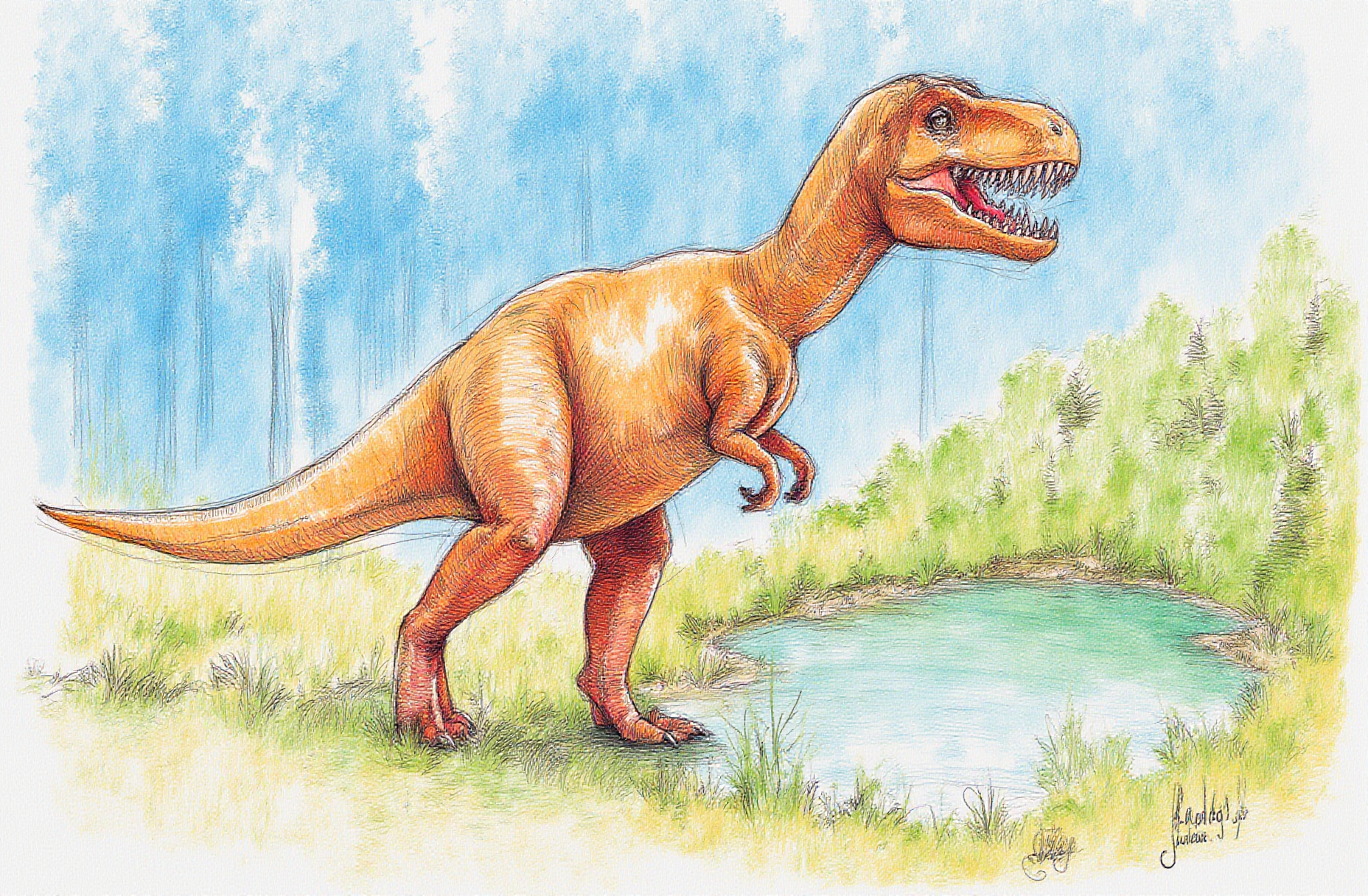 Sharp image of a rough sketch, rendered in vibrant multi colour ballpoint pen, capturing the adorable features of a large dinosaur, specifically a T-Rex, standing in a forested area. The dinosaur is facing towards the right side of the image and its mouth is open wide, revealing sharp teeth. Its body is covered in scales and its tail is long and slender. The background is filled with tall trees and shrubs, and there is a body of water visible in the foreground. The sky is blue and the overall atmosphere is peaceful and serene.  p3nsk, <lora:p3nsk:1>