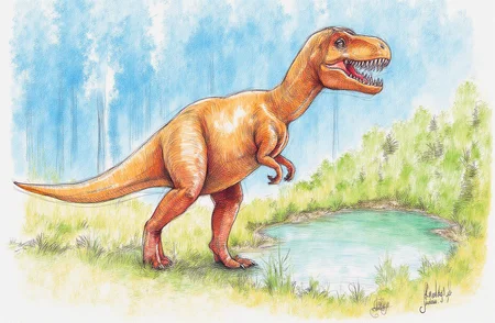 Sharp image of a rough sketch, rendered in vibrant multi colour ballpoint pen, capturing the adorable features of a large dinosaur, specifically a T-Rex, standing in a forested area. The dinosaur is facing towards the right side of the image and its mouth is open wide, revealing sharp teeth. Its body is covered in scales and its tail is long and slender. The background is filled with tall trees and shrubs, and there is a body of water visible in the foreground. The sky is blue and the overall atmosphere is peaceful and serene.  p3nsk, <lora:p3nsk:1>