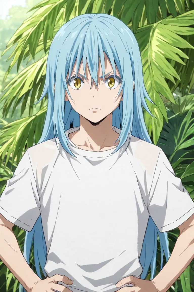 score_9, score_8_up, score_7_up, score_6_up, score_5_up, score_4_up, BREAK source_anime, (semi-realistic:1.4), looking at viewer, upper body, , 1boy, male focus, solo, <lora:rimuru_tempest_pony:0.82>, rimuru_tempest, blue hair, yellow eyes, long hair, bangs, hair between eyes, , A tropical paradise where the sun shines brightly every day, Hands on hips, displaying impatience, <lora:sdxl_lightning_8step_lora:1>