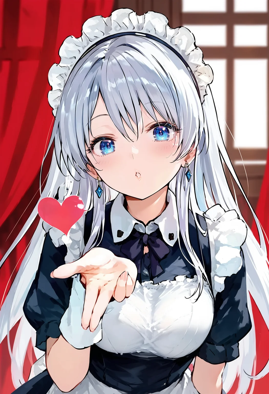 score_9, score_8_up, score_7_up,source_anime,rating_explicit,uncensored,anatomically correct,best perspective BREAK
<lora:frieren_blowing_a_kiss_pony:1> blowing kiss, heart
<lora:lihua:0.8> lihua, maid headdress,silver hair, blue eyes, long hair, 1girl,oval face, parted lips,