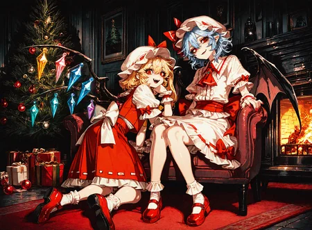 2girls, flandre_scarlet ,remilia_scarlet, ascot, back_bow, bat_wings, black_wings, blue_hair ,bobby_socks ,bow, bow_legwear, center_frills ,crystal,crystal_wings, fang, fingernails ,frilled_cuffs, frilled_shirt_collar, frilled_skirt ,frilled_sleeves, frilled_socks, frills, hat ,hat_bow ,long_hair,looking_at_viewer , mary_janes, mob_cap ,multiple_girls ,open_mouth, puffy_short_sleeves, puffy_sleeves, red_bow, red_eyes ,red_footwear, red_moon ,red_nails ,red_ribbon ,red_skirt, red_vest, ribbon, ribbon-trimmed_skirt ,ribbon_trim, sharp_fingernails ,shirt ,shoes, short_hair, short_sleeves, siblings, side_ponytail ,sisters, skirt ,skirt_set ,sleeve_ribbon ,smile, socks ,vest,white_bow ,white_hat ,white_shirt ,white_skirt, white_socks ,wings ,wrist_cuffs ,yellow_ascot,
chrlib, scenery, indoors, living room, night, oven, christmas tree, christmas ornaments, red carpet,
, Fishine,ireading ,noya_makoto ,quasarcake, retro_artstyle, retro,looking_at_viewer ,
masterpiece, best quality, amazing quality, very aesthetic, absurdres, newest, <lora:ponyv5_noobE11_1_adamW:0.6>, <lora:add-detail-xl:0.5>, <lora:cfg_scale_boost:0.5>, <lora:retro_scifi_artstyle:0.6>, <lora:USNR STYLE_XL_loha:0.6>, <lora:Christmas living room:0.6>