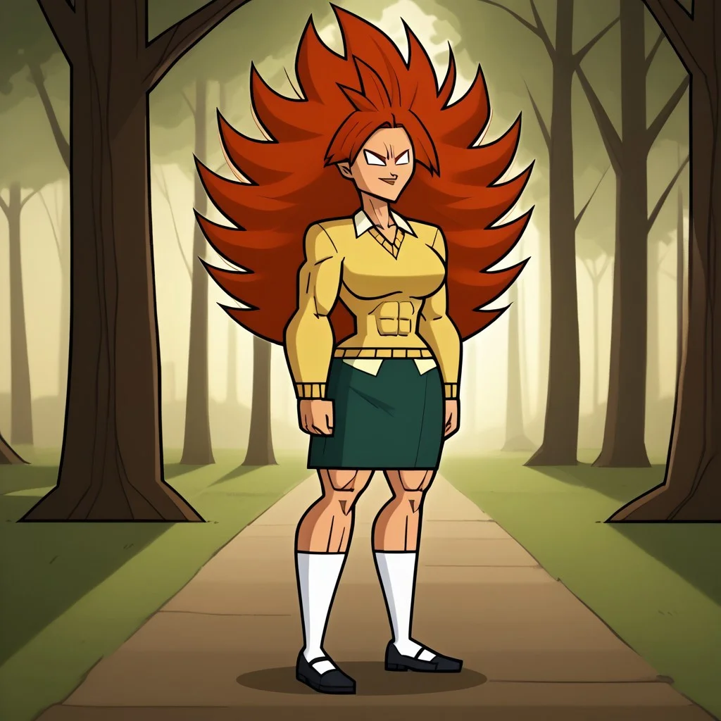 score_9, score_8, BREAK, solo, 1girl, yellow sweater, collared shirt, green skirt, white socks, black footwear, red hair, long hair, spiked hair, blank eyes, no pupils, muscular muscular female, abs, alternate muscle size, tall, big breasts, total drama, Evil_Scarlett_(Total_Drama), tdpi, legendary super saiyan, sexy pose, smile, outdoors, sunlight, shadows, evening lighting, natural lighting, forest, trees, grass, orange sky, sunset