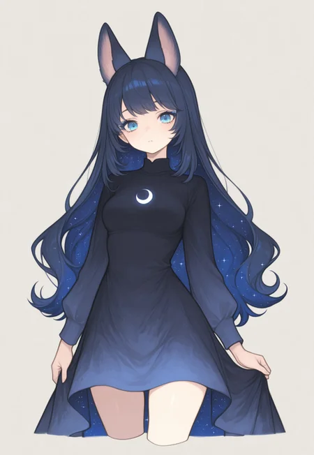 masterpiece, painting \(medium\), best quality, absurdres, newest, very aesthetic, amazing quality, highres,
BREAK,
1girl, solo, princess luna, personification, dark blue hair, long hair, starry hair, multicolored hair, blue eyes, blue eyeshadow, looking at viewer, simple background, cropped legs,
BREAK,
kemonomimi mode, HR-Illu