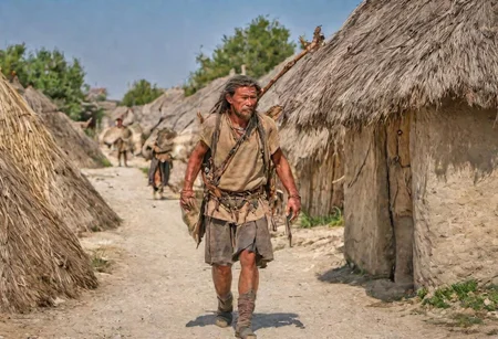 photograph,a neolithic hunter on the street of neolithic settlement, village,  high quality photography, 4k, Canon EOS R3, hdr, smooth, sharp focus, high resolution, award winning photo,