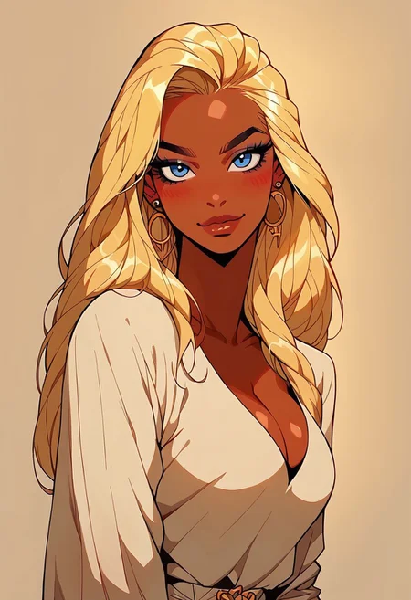 score_9, score_8_up, score_7_up, score_6_up,black backround,rimlight, jdc_style, 1girl,shinny skin, egirlpfp,lineart,looking at viewer,side face, proud, blush, dark skin,blonde, lazy eyes,long hair, china doll haircut, fringe,(shinny skin),cleavage,holding her hair,dark eyeliner, mascara, (smile:0.6),sexy, intrincate detail,too good to be true,