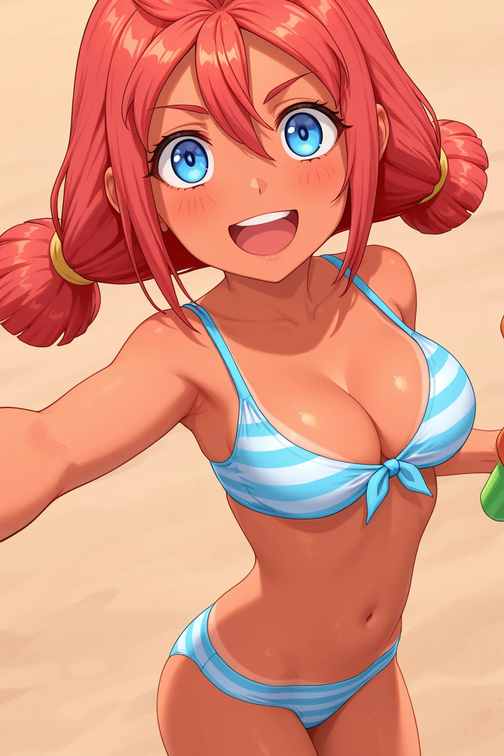 FUlyanaF, blue eyes, red hair, 1girl, solo, water gun, striped swimsuit, happy, medium breasts, cleavage, beach, simple background, soft, smooth, very aesthetic, masterpiece, best quality, amazing quality, 8k, ultra-HD, high detail