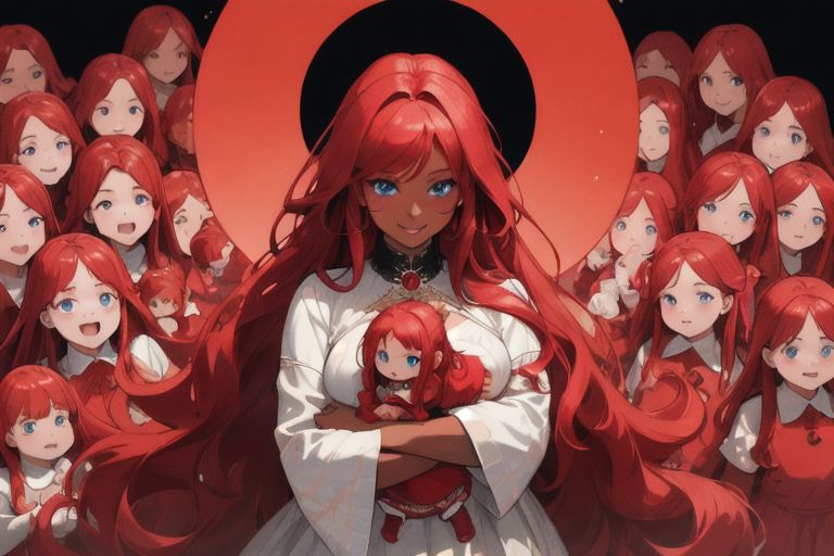 (masterpiece, best quality:1.5), (ultra realistic:1.5), (8k uhd, very high quality:1.5), (extremely detailed face:1.5), (everyone has ruby red hair:1.5), (dark skin mother holding an endless amount of infants and surrounded by an endless amount of her extremely young children:1.5), (everyone smiling and happy:1.5), (everyone has bright blue eyes:1.5), (everyone has long ruby red hair:1.5), (the woman is surrounded by endless amounts of her extremely young children that fill the entire background:1.5), (the woman is surrounded by an endless amount of her very young children that fill the entire background:1.5), (city background:1.5)