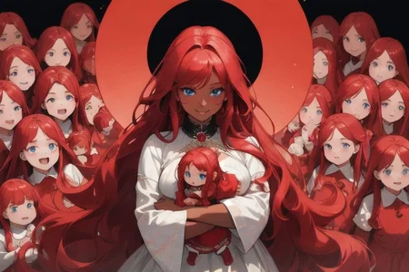 (masterpiece, best quality:1.5), (ultra realistic:1.5), (8k uhd, very high quality:1.5), (extremely detailed face:1.5), (everyone has ruby red hair:1.5), (dark skin mother holding an endless amount of infants and surrounded by an endless amount of her extremely young children:1.5), (everyone smiling and happy:1.5), (everyone has bright blue eyes:1.5), (everyone has long ruby red hair:1.5), (the woman is surrounded by endless amounts of her extremely young children that fill the entire background:1.5), (the woman is surrounded by an endless amount of her very young children that fill the entire background:1.5), (city background:1.5)