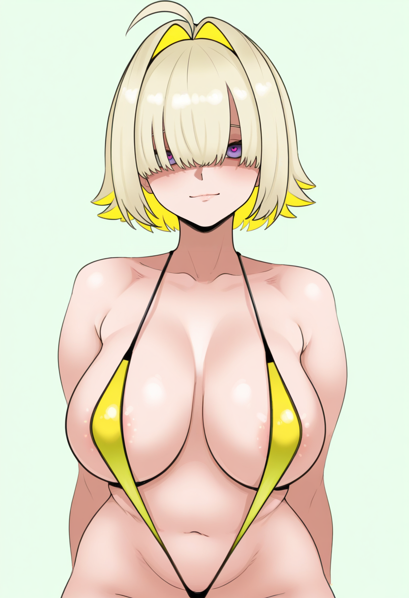 masterpiece, best quality, <lora:sunnysundown:1> s0nn1s0nd0wn,, 1girl, solo,
Straight-on
looking at viewer, light smile,
elegg \(nikke\), blonde hair, two-tone hair, short hair, hair over eyes, purple eyes,
slingshot swimsuit, 
simple background, Olive Green  background,