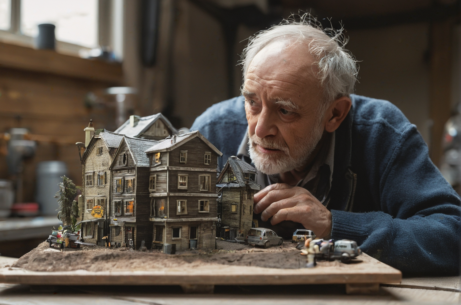 face of an old man partly out of frame inspecting his big (miniature city sculpture) that sits (on top of a rough wooden table), tiny bonfire, inside a old dust garage, (city in focus), hyper realistic, photorealism, rough skin, imperfections, (dark moody), vivid lighting, depth of field, bokeh, atmospheric haze, macro shot, extremely detailed, sunrays piercing the window, up-close, raw photo, zoomed in