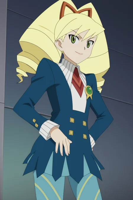 score_9, score_8_up, score_7_up, source anime, prefect lighting, very aesthetic, BREAK, anime coloring, anime screencap,
<lora:luna_platz_mega_man_v1-pony6:1>, 1girl, luna platz \(mega man\), mega man star force \(series\), green eyes, blonde hair, twin drills,
echo ridge school uniform, echo ridge school uniform, dress, blue pantyhose, striped pantyhose,
BREAK, looking at viewer, light smile,
BREAK,