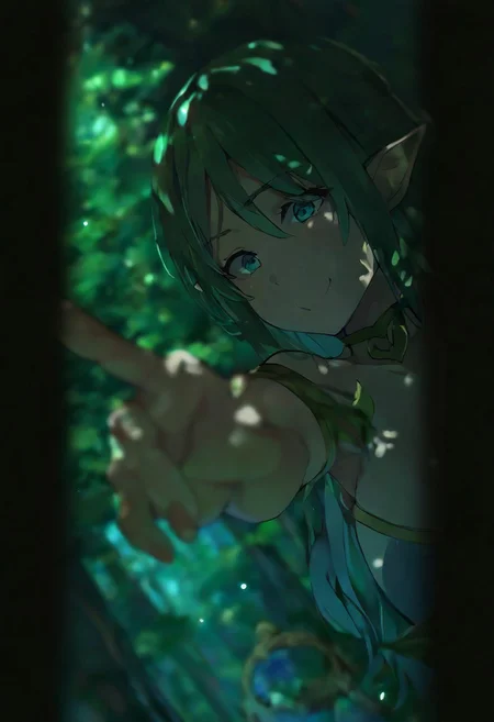 (elf girl), {forest scene},{1girl},solo,{long green hair},{pointy ears},{bow and arrow},{fairy companion},{mystical atmosphere},{dappled sunlight},{lush vegetation},{ancient trees},{magical particles},{ethereal glow},{detailed fantasy clothing},{elvish ornaments},{curious expression},{gentle smile},{first person perspective},{waking up scene},{blurred foreground},{depth of field},{soft focus},{vibrant colors},{intricate details},{isekai style},{adventure beginning},{{{reaching out hand}}},{outstretched arm},{inviting gesture},{helping hand},{closeup of hand},{focus on hand movement},{dramatic angle},best quality,amazing quality,very aesthetic,absurdres,best quality,amazing quality,very aesthetic,absurdres,