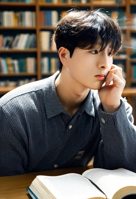<lora:AsianGuy:1>, AsianGuy, (nodaeng:1.5), masterpiece, ultra-HD, cinematic lighting, photorealistic, (impressionism:1.5), high detail, depth of field, (blurred background), (dramatic lighting),masterpiece, best quality, very aesthetic,8k,masterpiece, best quality, realistic, masterpiece, best quality, 8k,
, simple_background, short hair, asian boy, handsome man, korean man, extacy on face,, score_9, score_8_up, score_7_up, hd, masterpiece, (best quality:1.2)), (library, bookshelf, book, Fantasy, magic, light particles, light rays), High Resolution, 8k, 1boy, reading a pile of books, desk, leaning against hands, short stylish hair, 18yo, handsome, lithe, slender, perfect face, nervous, preppy, alpha male, blonde, ch4v4lph4, blondlust, EyesHD, Expressiveh