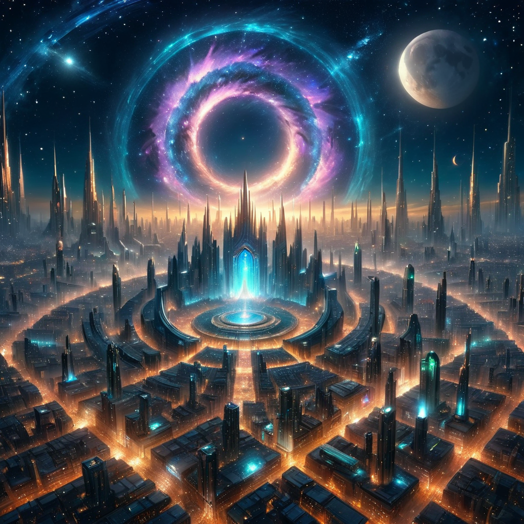 Masterpiece,8k,absurd resolution,I
ImaginaryCityScapes,astral city,sky,no humans,night,glowing,moon,building,star (sky),night sky,scenery,starry sky,science fiction,fantasy,cityscape,space,,city lights,astral portal focus
,<lora:City_scapes_XL:0.45>