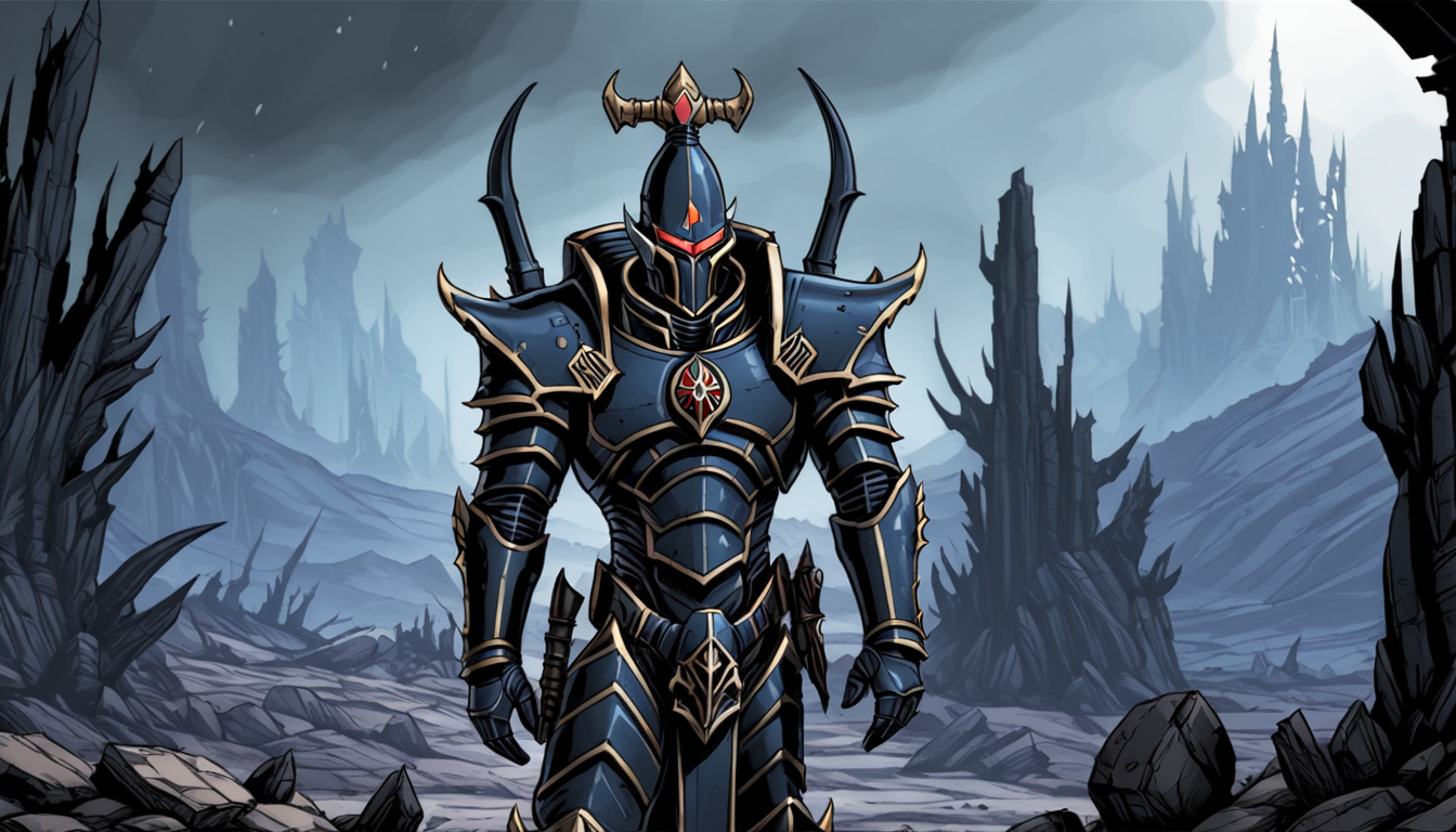 (illustration), Dark Eldar Archon, helmet, black armor, shadowy ruined landscape, comic book \(style\), cel shading, bold outlines, muted colors, dynamic composition, limited color palette, line art, extremely detailed, warhammer 40k, 
 <lora:Drukhari-000006:1>