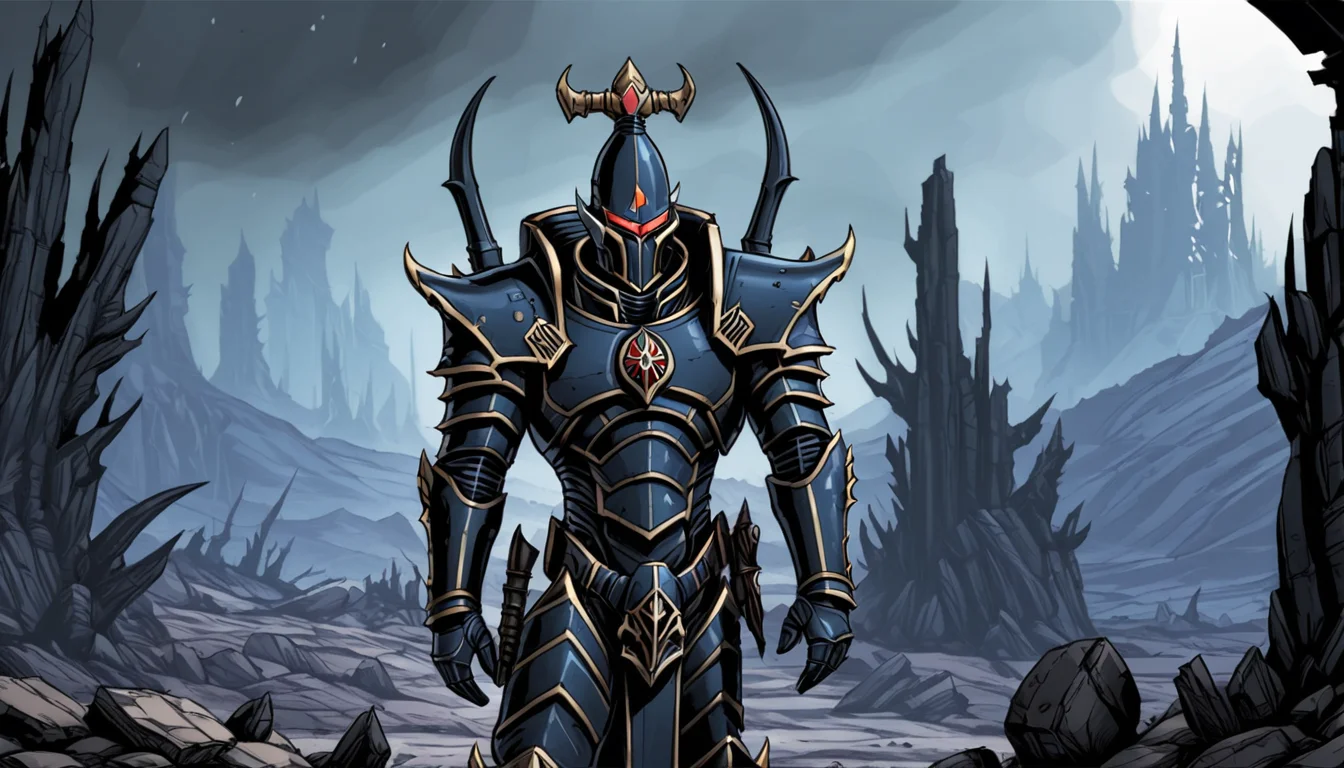 (illustration), Dark Eldar Archon, helmet, black armor, shadowy ruined landscape, comic book \(style\), cel shading, bold outlines, muted colors, dynamic composition, limited color palette, line art, extremely detailed, warhammer 40k,
<lora:Drukhari-000006:1>