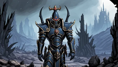 (illustration), Dark Eldar Archon, helmet, black armor, shadowy ruined landscape, comic book \(style\), cel shading, bold outlines, muted colors, dynamic composition, limited color palette, line art, extremely detailed, warhammer 40k,
<lora:Drukhari-000006:1>