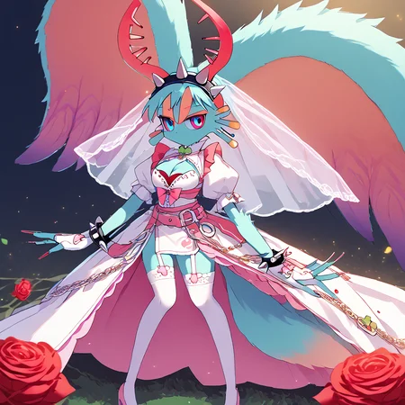 1girl, solo 
 <lora:Elfilis:1.3> Fecto Elfilis, blue fur, multicolored eyes, head wings, colored sclera, fluffy tail
 <lora:ElpheltDress:0.8> 3LPH3LTDress, dress, cleavage cutout, four-leaf clover, spiked hairband, red bra, puffy sleeves, long sleeves, bow, spiked bracelet, juliet sleeves, earrings, clover, jewelry, veil, wedding dress, spikes, garter straps, white thighhighs, side slit, belt, pink bow, spiked bracelet, fake animal ears, rose, red rose, white gloves, fingerless gloves, side slit