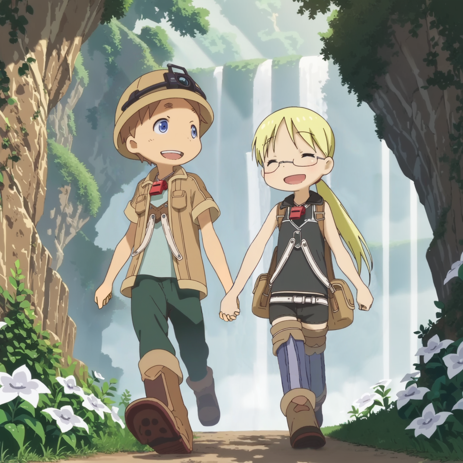 score_9, score_8_up, score_7_up, score_6_up, score_5_up, score_4_up, source_anime, low-angle view BREAK
duo, walking, hand holding BREAK
mriko, female, red whistle, thigh highs, belt, belt bag, black tank top, boots, walking, looking at another, hand holding, smile, eyes closed BREAK
mNat, male, red whistle, delver hat, delver outfit, walking, looking at another, hand holding, smile BREAK
tree, white flower, grass, waterfall, detailed background, clutter, dynamic, intricate, immersive, elaborate <lora:Made In Abyss - CharactersXL v0.6b-000005:1> <lora:zy_Detailed_Backgrounds_v1:0.75>