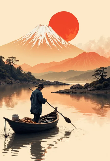 traditional japanese art style, ink on paper, traditional japanese fisherman on boat in laek, mount fuji, sunset, wabi-sabi, henna and carmine, sepia, minimal brush strokes