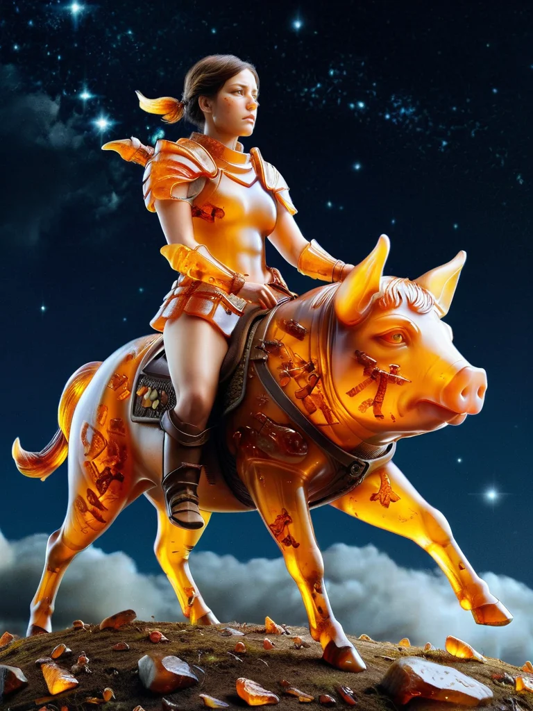 female warrior from the 1800, wearing ral-amber armor, riding a pig into war, battlefield, dark sky, stars in the sky <lora:ral-amber-sdxl:1>