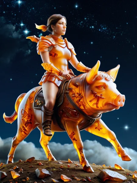 female warrior from the 1800, wearing ral-amber armor, riding a pig into war, battlefield, dark sky, stars in the sky <lora:ral-amber-sdxl:1>