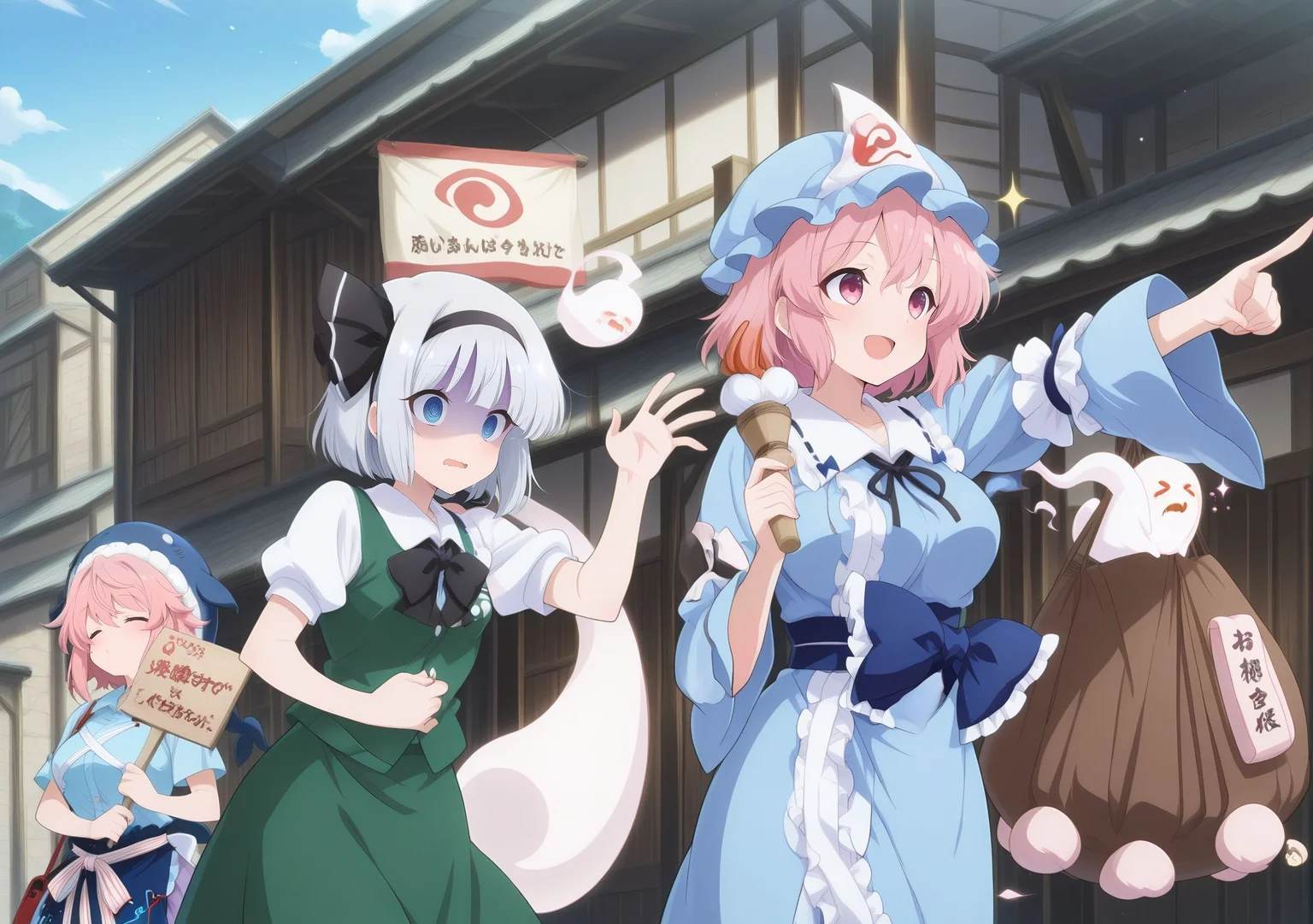 3girls, village, day, shop, bag, ghost, BREAK
absurdres, highres, masterpiece, best quality, amazing quality, official anime artwork, screencap, anime screencap, BREAK
<lora:Miyoi-Okunoda_Illustrious:1> okunoda miyoi, 1girl, solo, closed eyes, pink hair, short hair,, whale hat, blue shirt, short sleeves, waist apron, whale print, purple skirt, frilled skirt, ofuda on skirt, holding sign, sigh, BREAK
<lora:Youmu-Konpaku_Illustrious:1> konpaku youmu, 1girl, solo, white hair, short hair, blunt bangs, blue eyes,, hairband, hair ribbon, black ribbon, black bowtie, white shirt, collared shirt, green vest, green skirt, socks, katana, ghost, sick, wavy mouth, hands up, pale face, shaded face, @ @, looking down, hand on chest, <lora:paleface_xl_v10:1> open mouth, pale face, purple face, BREAK
<lora:Yuyuko-Saigyouji_IllustriousV2:1> saigyouji yuyuko, 1girl, solo, pink eyes, pink hair, short hair, medium large breasts,, mob cap, triangular headpiece, blue kimono, long sleeves, wide sleeves, sash, ribbon, floral print, open mouth, holding food, outsrached arm, pointing, starry eyes, shining, sparkle, smile, BREAK