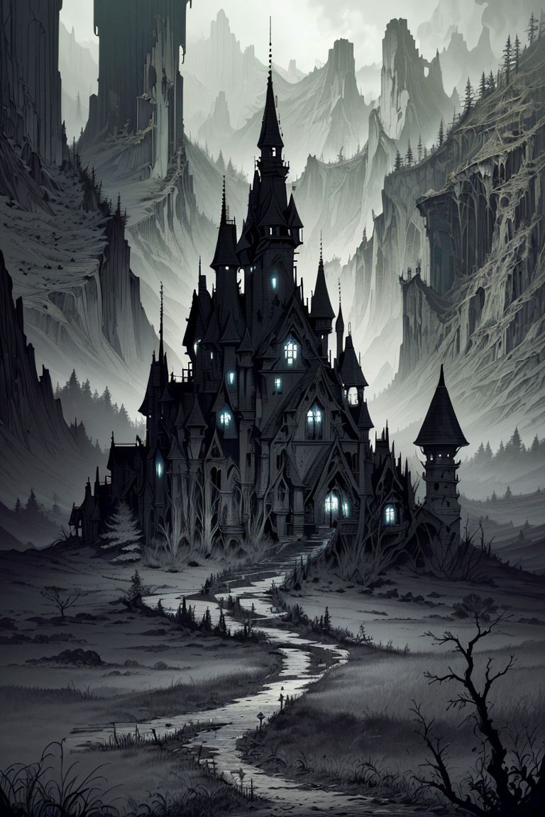 ((high resolution)), masterpiece, (best quality:1.3), ((ultra detailed)), scenic view, (intricate details + sharpen details), (beautiful + harmonic + aesthetic), fantasy, ((abandoned and decayed land)), death is a relieve, dry trees around, ((dark color:1.3)), ((nightmare visage of the landscape)), (run away as fast as you can),