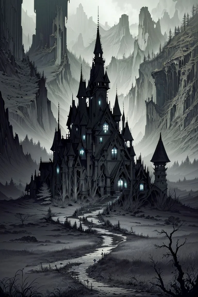 ((high resolution)), masterpiece, (best quality:1.3), ((ultra detailed)), scenic view, (intricate details + sharpen details), (beautiful + harmonic + aesthetic), fantasy, ((abandoned and decayed land)), death is a relieve, dry trees around, ((dark color:1.3)), ((nightmare visage of the landscape)), (run away as fast as you can),