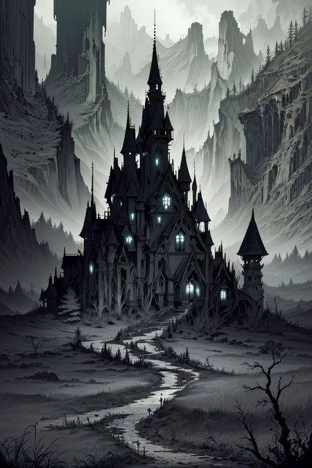((high resolution)), masterpiece, (best quality:1.3), ((ultra detailed)), scenic view, (intricate details + sharpen details), (beautiful + harmonic + aesthetic), fantasy, ((abandoned and decayed land)), death is a relieve, dry trees around, ((dark color:1.3)), ((nightmare visage of the landscape)), (run away as fast as you can),