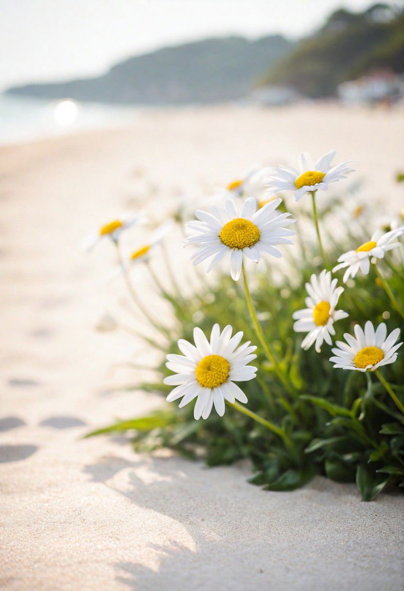 Bavarian ([Daisy:Daisies:2]:1.2) , Ceramic and Groovy, Rule of Thirds, Geeky beach, Hazy conditions, soft focus, Suffering, hard light, 50mm, professional, (sfw:1.1) <lora:picxer_real:0.8>