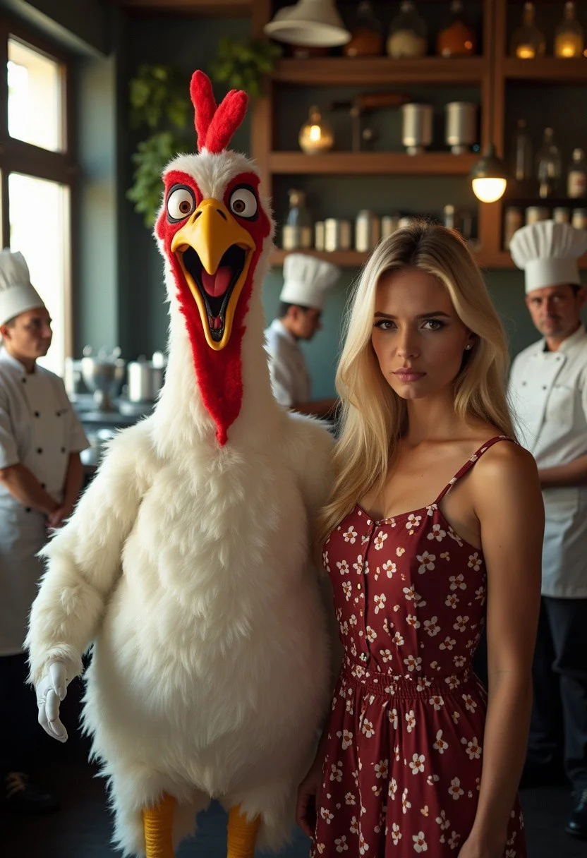 ultra-high resolution HDR extremely detailed photograph of a person in a realistic costume of a white turkey from The Angry Birds Movie, next to him an attractive blonde woman 25-year-old Nicole is standing with a stern and serious facial expression, in the background a noble restaurant kitchen with few cooks staring at them, realistic skin textures with natural skin imperfections, natural lighting to create realism, sophisticated color grading, deep focus, vivid colors, ultrarealistic photo taken by Olympus Zuiko lens