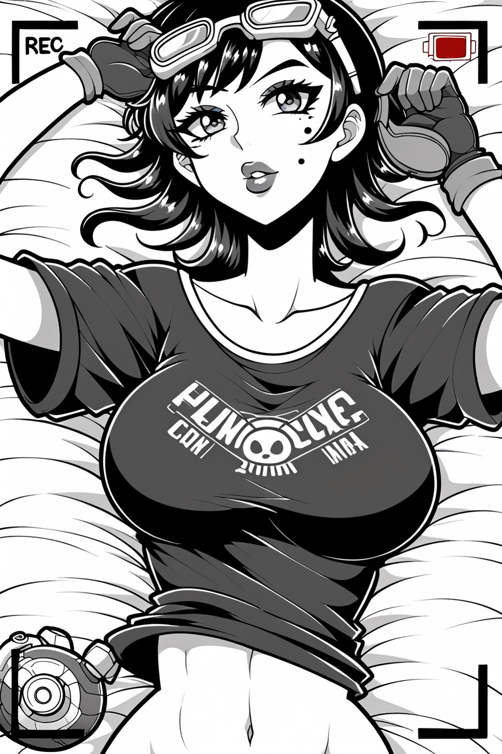 overwatch overwatch_1 sombra_(overwatch) tulum_sombra commentary md5_mismatch photoshop_(medium) 1girl :o afloat artist_name asymmetrical_hair breasts clothes_writing dark-skinned_female dark_skin eyeshadow floating_hair gloves goggles hand_on_goggles long_hair looking_at_viewer lying makeup medium_breasts midriff mole mole_under_eye multicolored_hair navel official_alternate_costume on_back one_eye_closed parted_lips partially_submerged purple_eyes purple_hair purple_lips rash_guard recording short_sleeves snorkel solo two-tone_hair viewfinder water
<lora:AnimeLineArtPony:1>