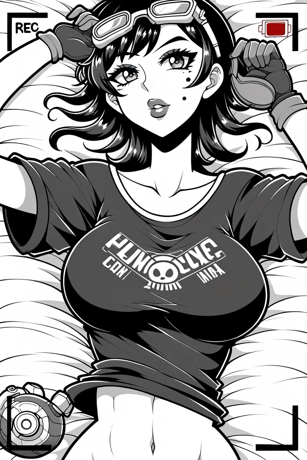 overwatch overwatch_1 sombra_(overwatch) tulum_sombra commentary md5_mismatch photoshop_(medium) 1girl :o afloat artist_name asymmetrical_hair breasts clothes_writing dark-skinned_female dark_skin eyeshadow floating_hair gloves goggles hand_on_goggles long_hair looking_at_viewer lying makeup medium_breasts midriff mole mole_under_eye multicolored_hair navel official_alternate_costume on_back one_eye_closed parted_lips partially_submerged purple_eyes purple_hair purple_lips rash_guard recording short_sleeves snorkel solo two-tone_hair viewfinder water
<lora:AnimeLineArtPony:1>