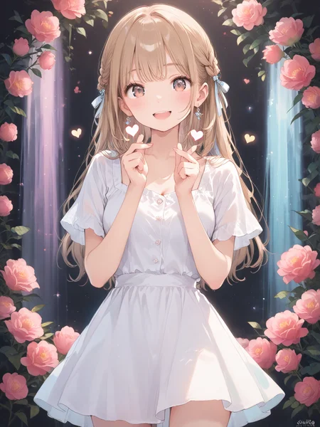abs zPDXL, score_9, score_8_up, score_7_up, source_anime, rating_questionable, best quality, masterpiece, 4k, perfect lighting, BREAK 1girl, cpp_dice, long hair, brown hair, medium breasts, white sundress, smile, double finger heart <lora:cpp_dice-000146:0.6> <lora:half up braid_pony_V1.0:0.6> half up braid <lora:granblue_fantasy_v2:0.2> gbfpxnl <lora:anmiXLP6lokrV3236F8:0.2> <lora:finger_heart_korean_retry_1:0.6>