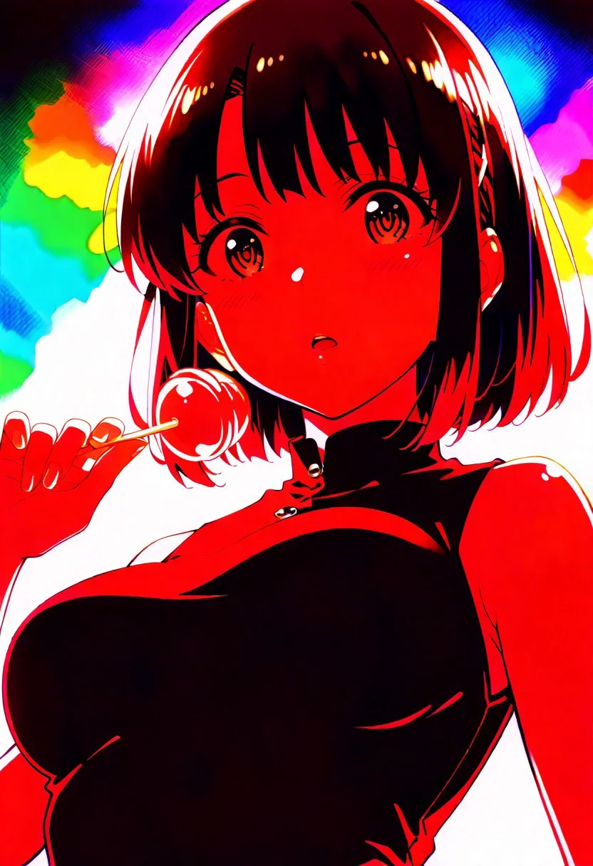 katou megumi, Megumi <lora:KatoMegumi:1>,brown hair,katou megumi,brown eyes, short hair , medium breasts, bare shoulders, narrow mouth, solo, looking at viewer, open mouth, holding lollipop, chupa chups, upper body, from below, back lighting, dark, multicolored background, colorful, masterpiece, best quality, very aesthetic, source_anime