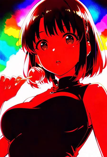 katou megumi, Megumi <lora:KatoMegumi:1>,brown hair,katou megumi,brown eyes, short hair , medium breasts, bare shoulders, narrow mouth, solo, looking at viewer, open mouth, holding lollipop, chupa chups, upper body, from below, back lighting, dark, multicolored background, colorful, masterpiece, best quality, very aesthetic, source_anime