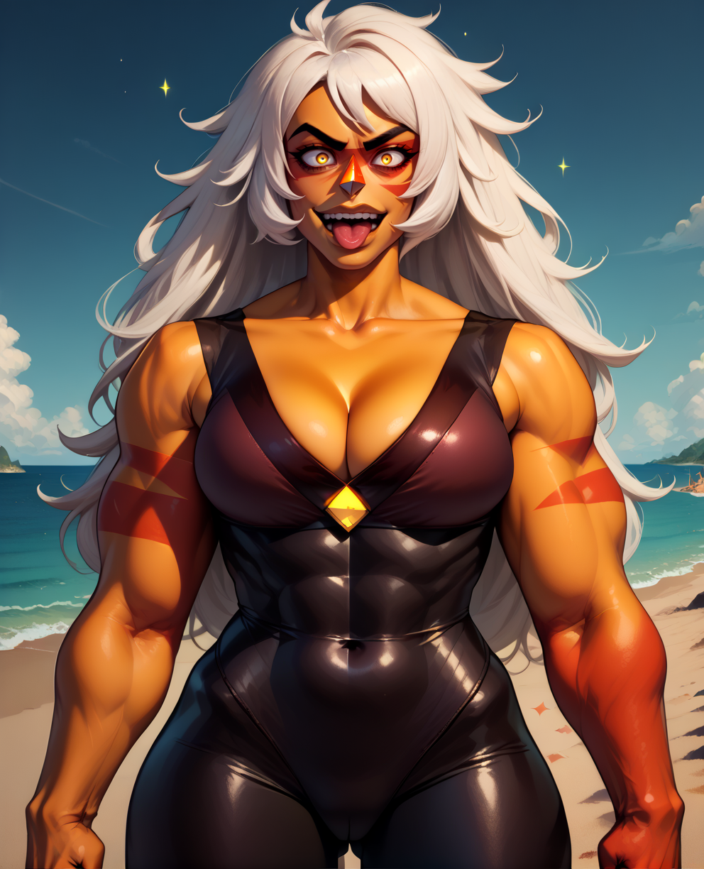 score_9,score_8_up,score_7_up,score_6_up,
Jasper,white hair,large hair,orange skin,red tattoos,nose gem,glowing  yellow eyes,looking at viewer,smug,
black and Burgundy bodysuit,skin tight,open mouth,tongue out,crazy eyes,
cleavage,
standing,
beach,night,
<lora:Jasper:1>,